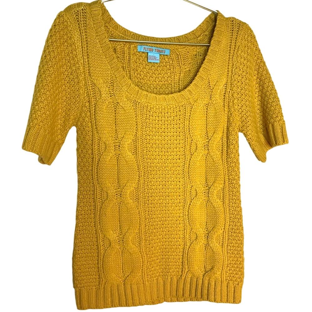 Flying Tomato Mustard Yellow Cable Knit Short Sleeve Sweater L